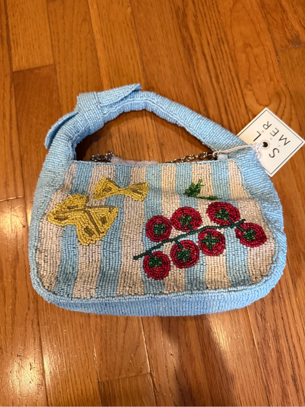 Light Blue Beaded Cherry & Bow Shoulder Bag by Sol and Mer